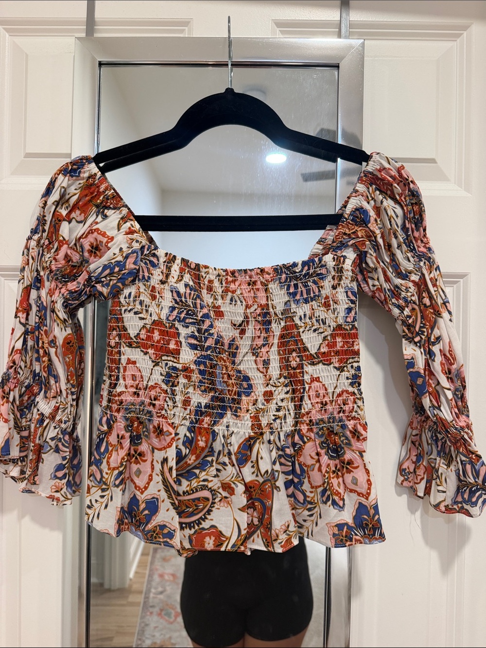 Misa Los Angeles Pink Rust & Blue Floral Smocked Off-Shoulder Top